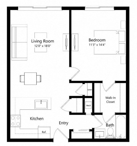 Floor plan for 1 bed, 1 bath, 659 sqft